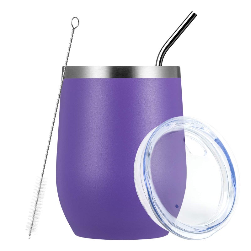 MEWAY Stemless 12oz Wine Tumbler Glasses with Lid -Insulated Double Wall Vacuum Stainless Steel Travel Tumbler with Straw,for Woman Under 10 dollars (Purple,1) - Image 1
